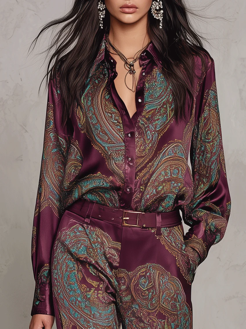 Marcella | Completo Camicia e Pantaloni in Raso con Stampa Paisley