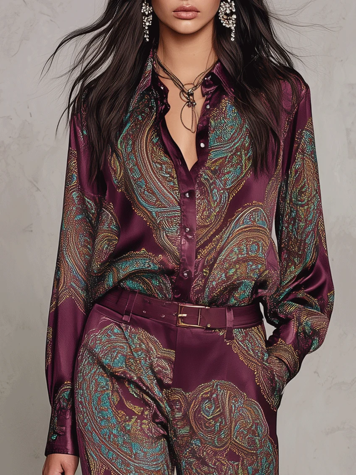 Marcella | Completo Camicia e Pantaloni in Raso con Stampa Paisley