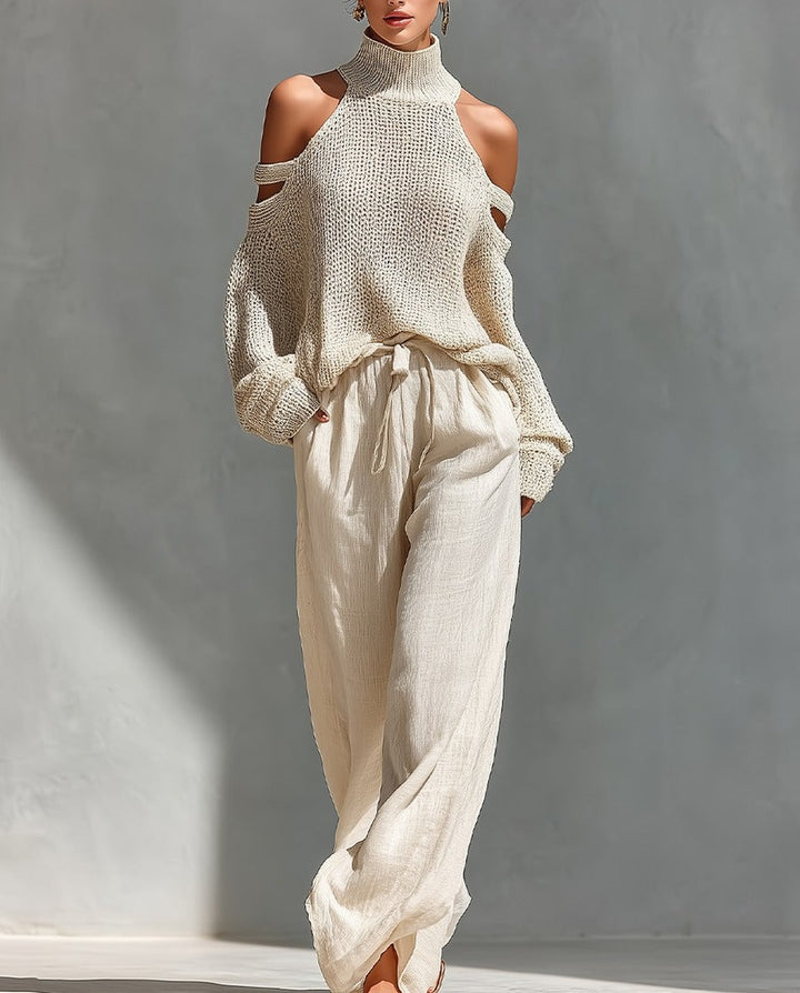 Alessia completo due pezzi in maglia traforata con pantaloni a gamba larga — Beige