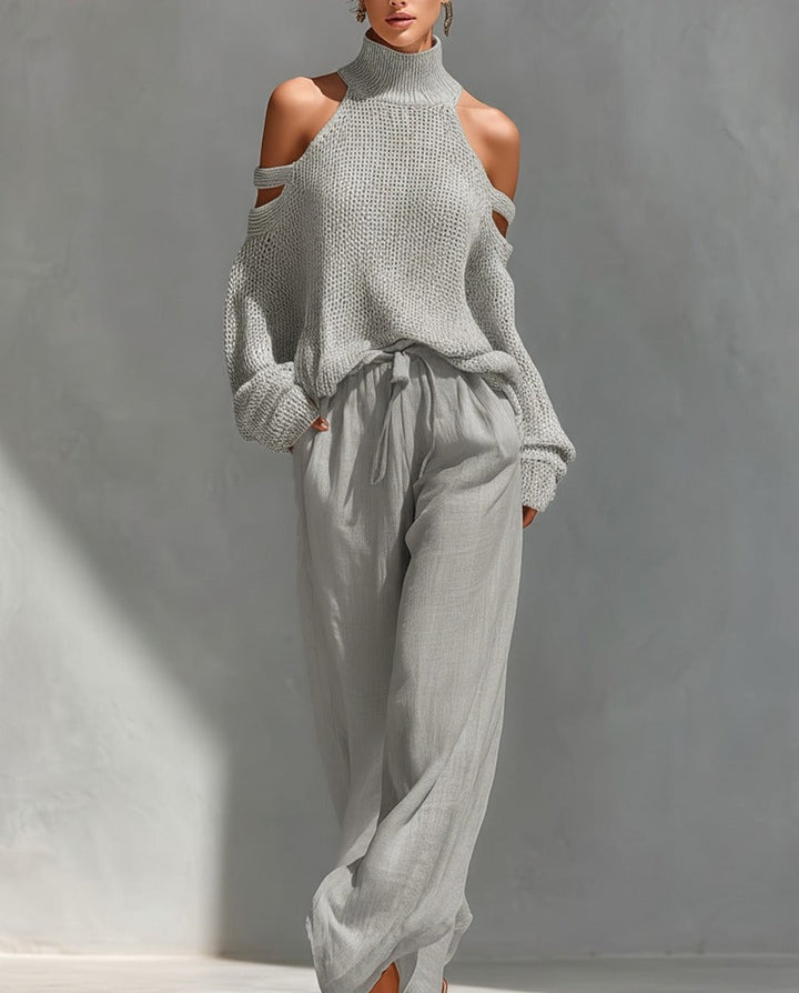 Alessia completo due pezzi maglia collo alto e pantaloni effetto lino — Grigio