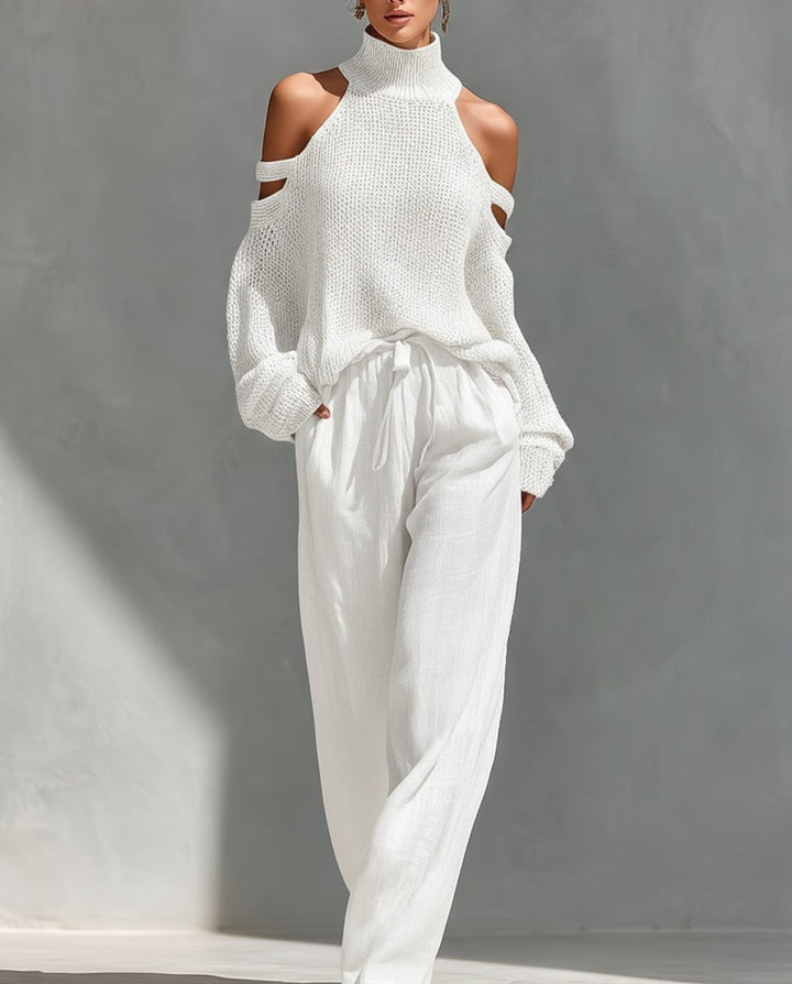 Alessia completo due pezzi con spalle scoperte e pantaloni larghi — Bianco