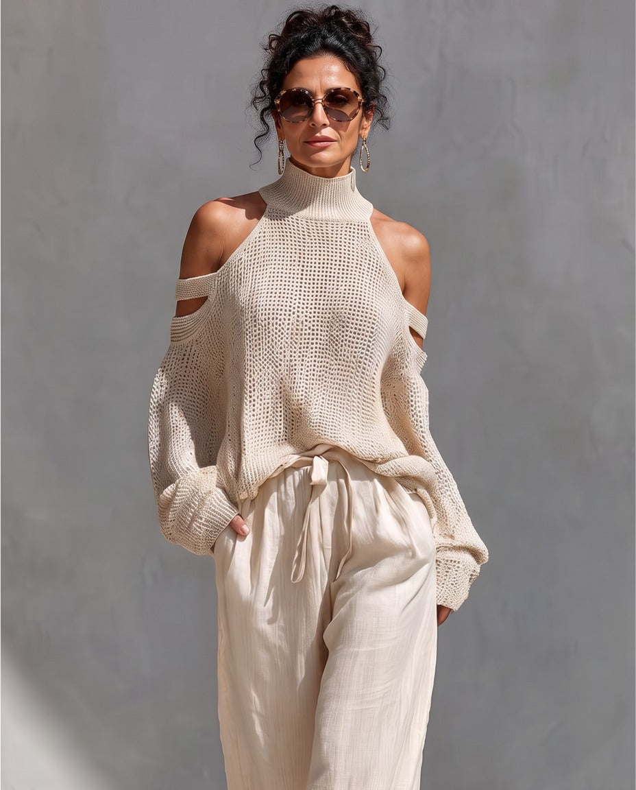 Alessia completo due pezzi in maglia leggera, look completo — Beige