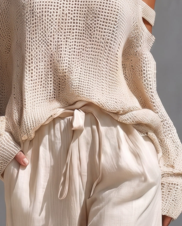 Alessia pantaloni effetto lino con vita elastica e cordoncino, dettaglio — Beige