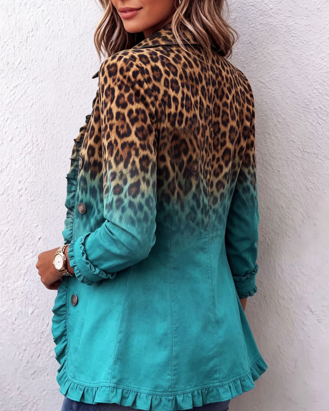 Retro della giacca blazer sfumata leopardo turchese