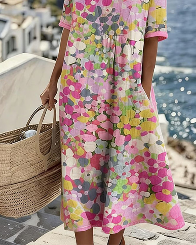 Cecilia | Abito Midi Fluido a Fiori con Tasche