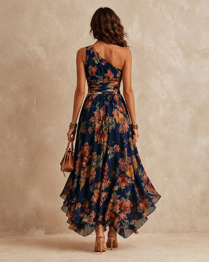 Celeste abito lungo monospalla blu navy di spalle