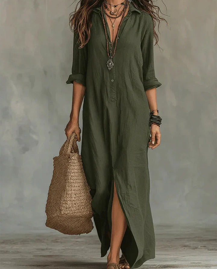 Celina abito camicia lungo con spacchi laterali — Verde