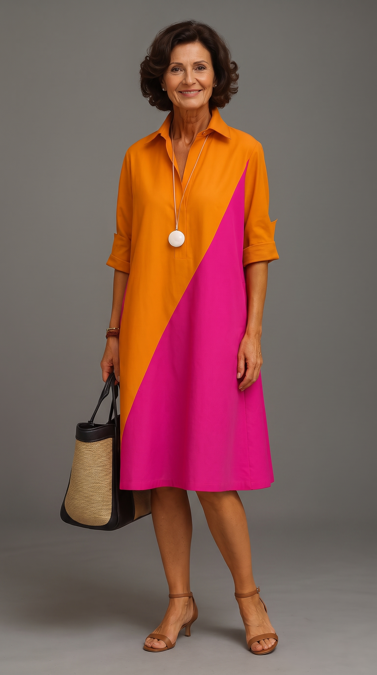 Sabrina - abito camicia color block arancio e fucsia, indossato