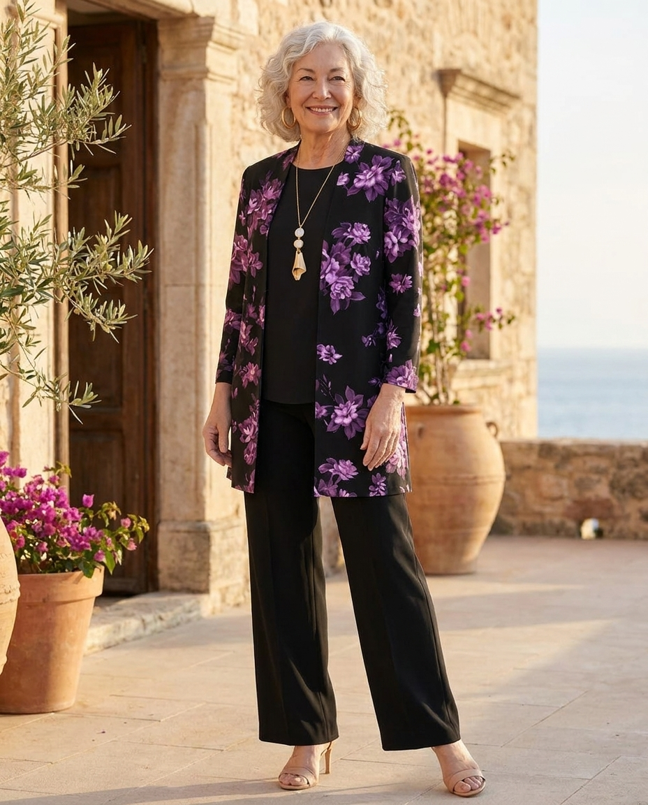 Donna elegante indossa il completo Gabrielle nero a fiori viola