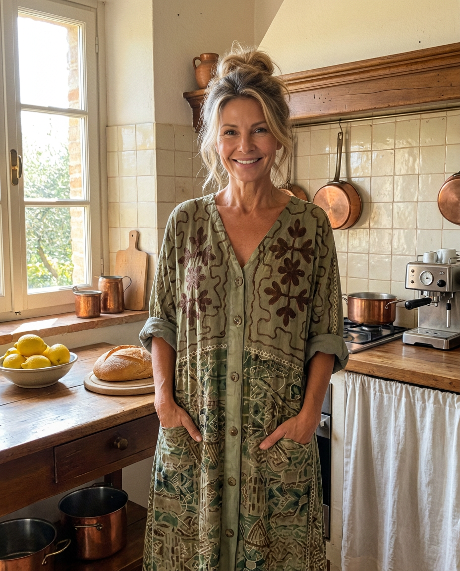 Donna indossa l'abito Aleta oversize in cucina