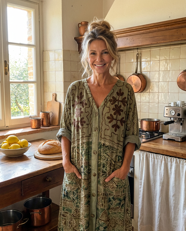 Donna indossa l'abito Aleta oversize in cucina