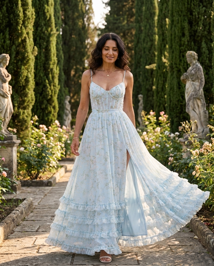 Donna cammina in giardino con l'abito Violetta azzurro a fiori