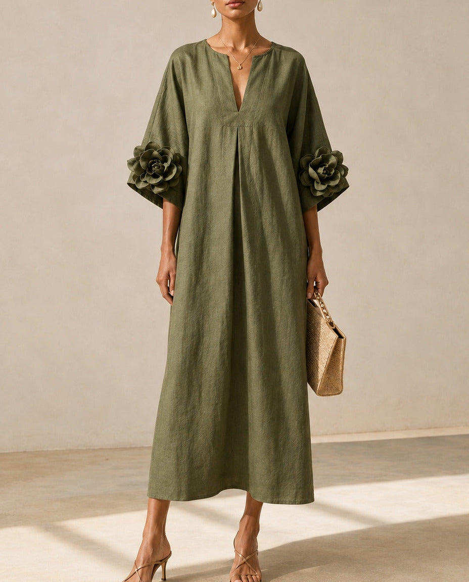 Abito midi verde oliva con scollo a V e maniche a fiori