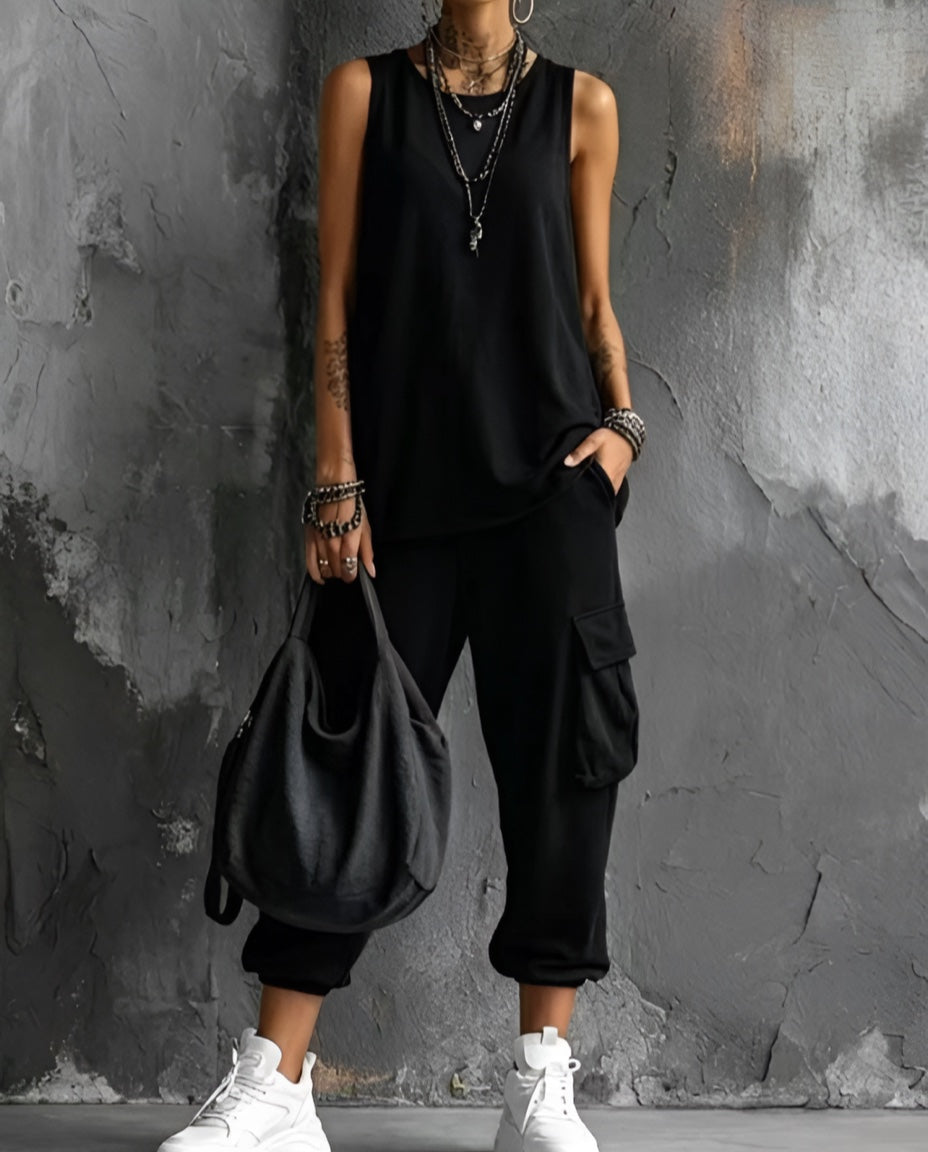 Completo Valentina nero: canotta lunga e pantaloni comodi con tasche