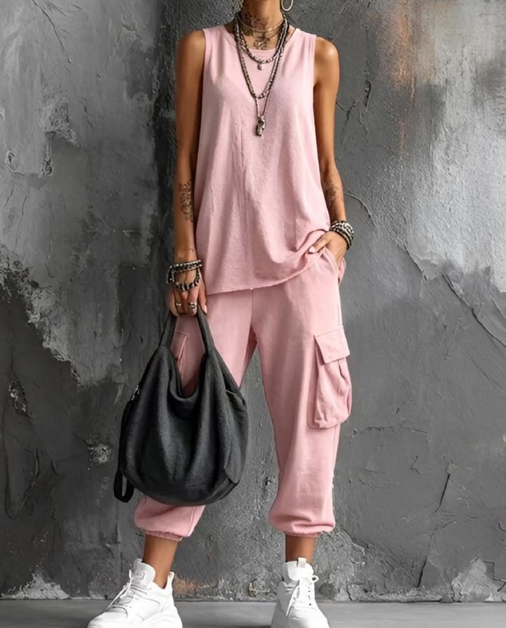 Completo Valentina rosa: canotta lunga e pantaloni comodi con tasche